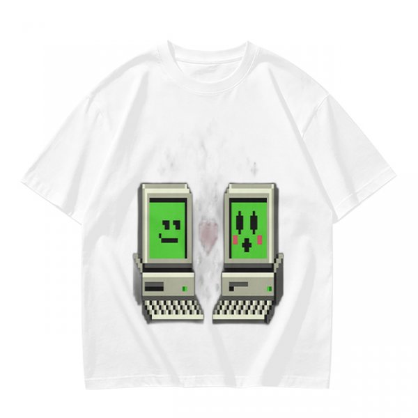 Olive T-shirt with pixel art retro computer characters print