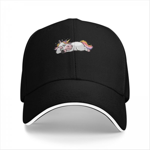 Black baseball cap with a lazy sleeping unicorn graphic