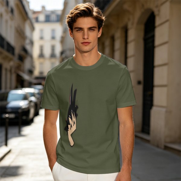 Olive green oversized t-shirt with stylized hand graphic print