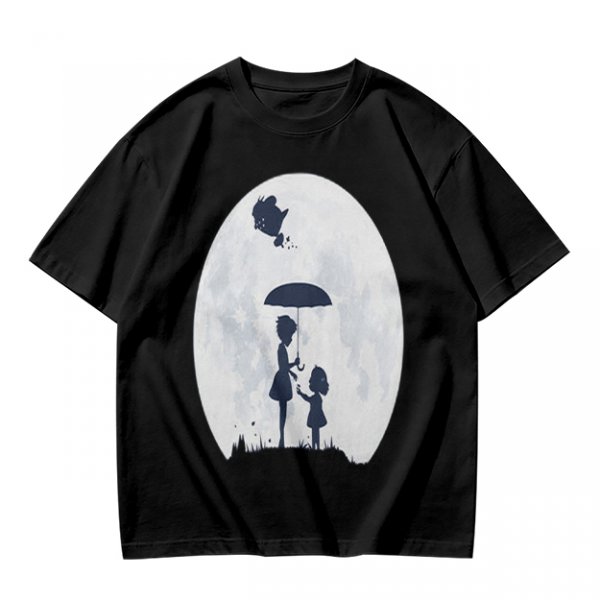 Olive T-Shirt With Moon Silhouette Of Two Children And Umbrella