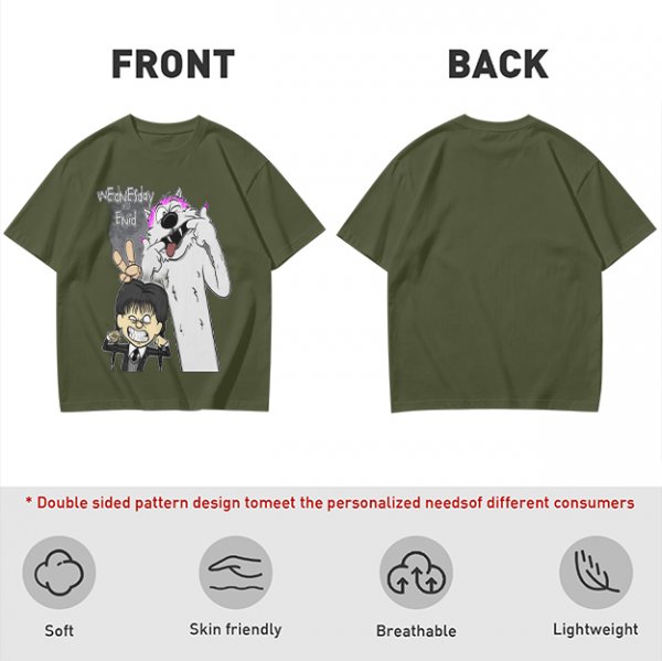 Olive graphic tee with Wednesday and Enid cartoon wolf design