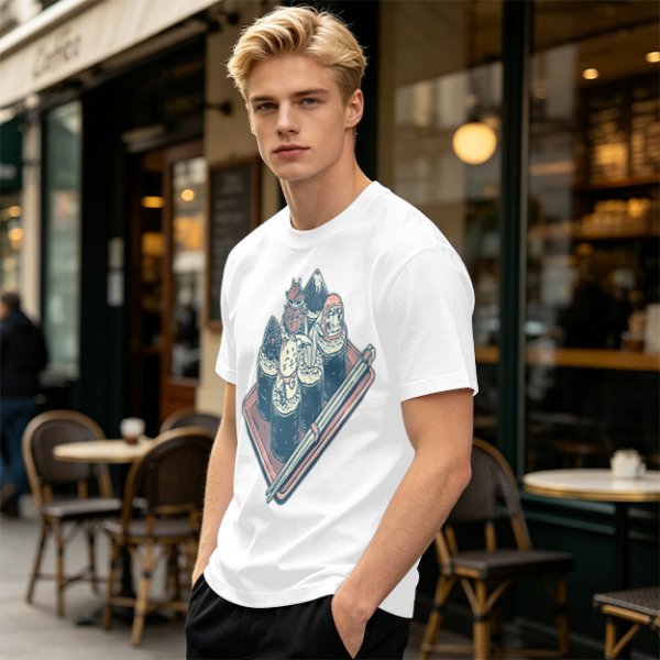 Olive T-Shirt With Sushi Themed Character Art Print