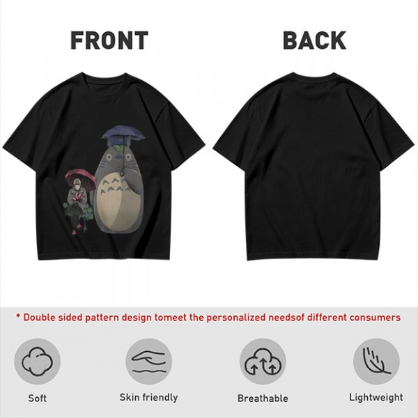 Olive T-shirt with Totoro and masked figure under umbrellas print