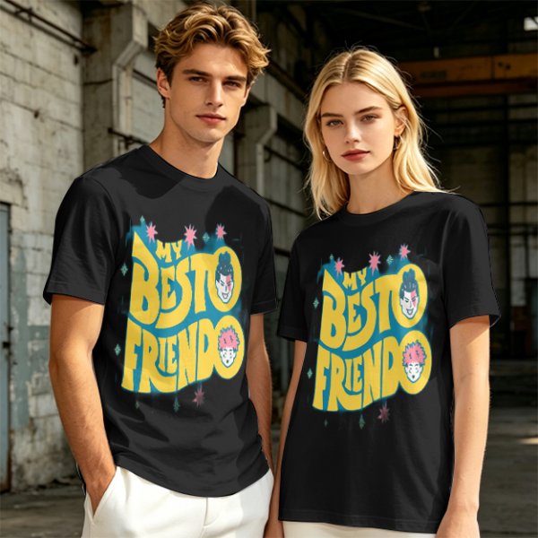 Olive graphic t-shirt with 'MY BESTO FRIENDO' anime character print