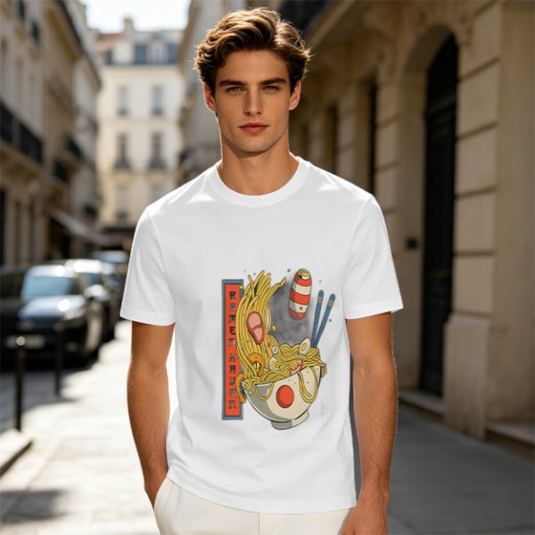 Olive T-Shirt With Ramen Bowl Graphic and Vertical Text Print