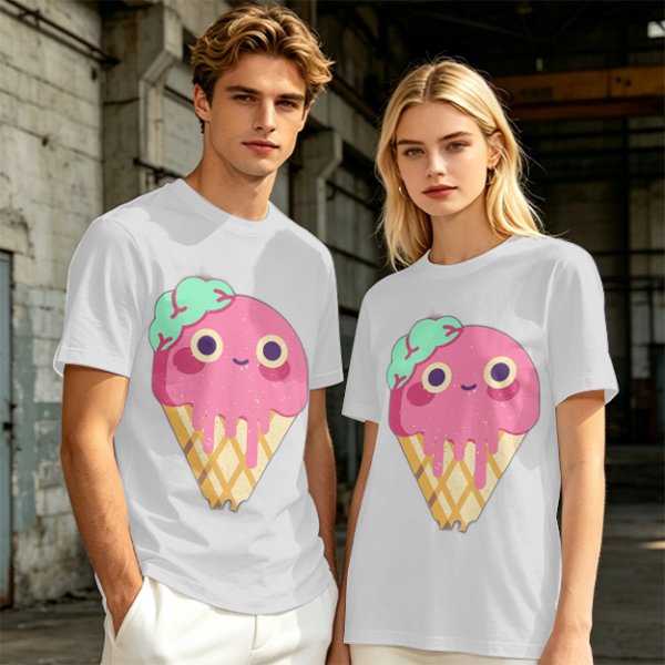 Olive T-Shirt With Cute Melting Pink Ice Cream Cone Graphic