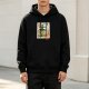 Black hoodie with whimsical stamp-style fantasy artwork print