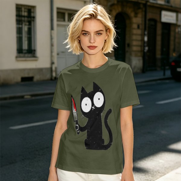 Olive T-shirt with a black cartoon cat holding a bloodied knife