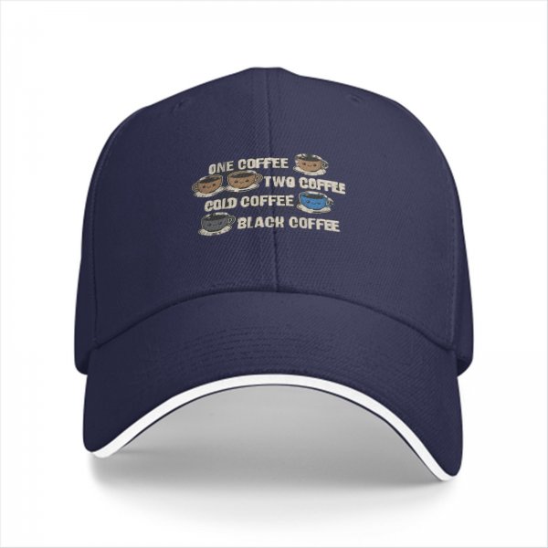 Black baseball cap with coffee themed text and cute cup illustrations