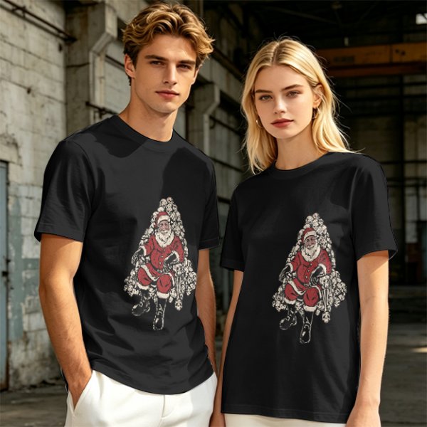 Olive T-shirt with Santa Claus on Skull Throne Graphic