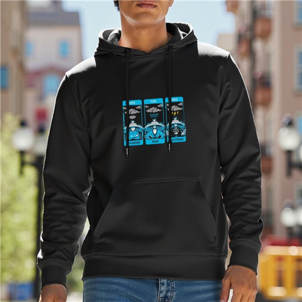 Black hoodie with three day weather tarot-style graphic print