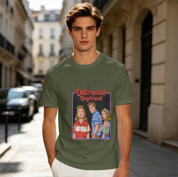 Olive T-Shirt with Distracted Boyfriend Meme Graphic Print