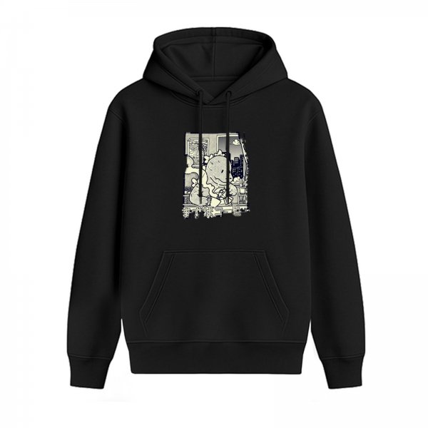 Black hoodie with cute dinosaur city window graphic print