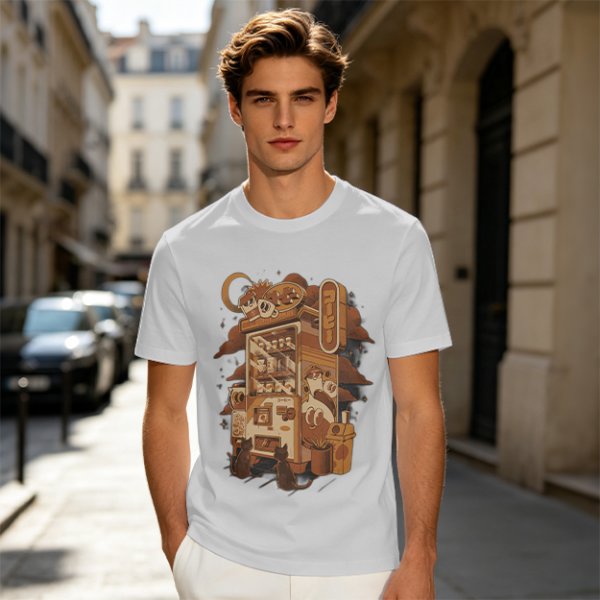 Olive T-Shirt with Coffee Vending Machine and Cats Graphic