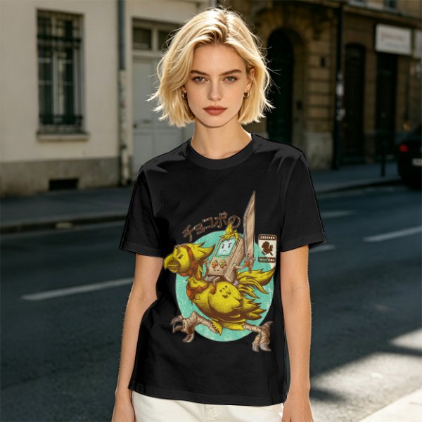 Chocobo Rider with Retro Game Character Graphic T-Shirt