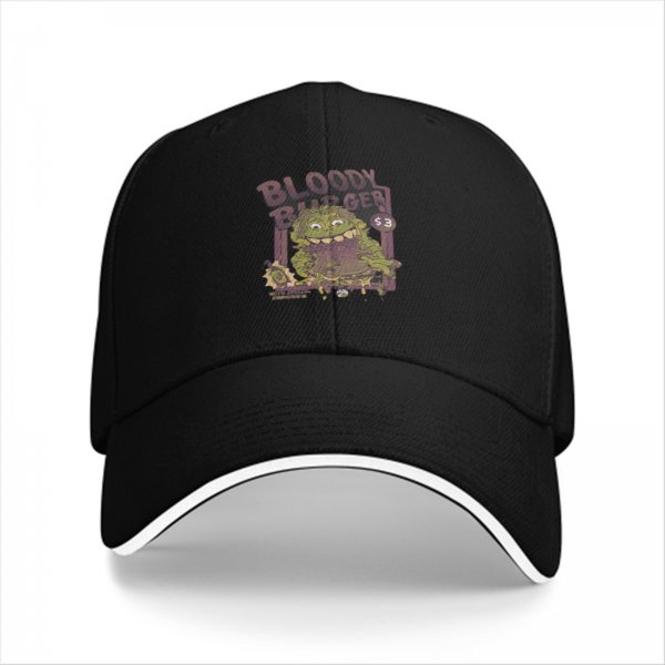 Black baseball cap with Bloody Burger monster graphic print
