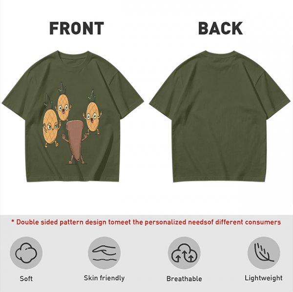 Olive T-Shirt With Cartoon Pineapples And Brown Character Graphic