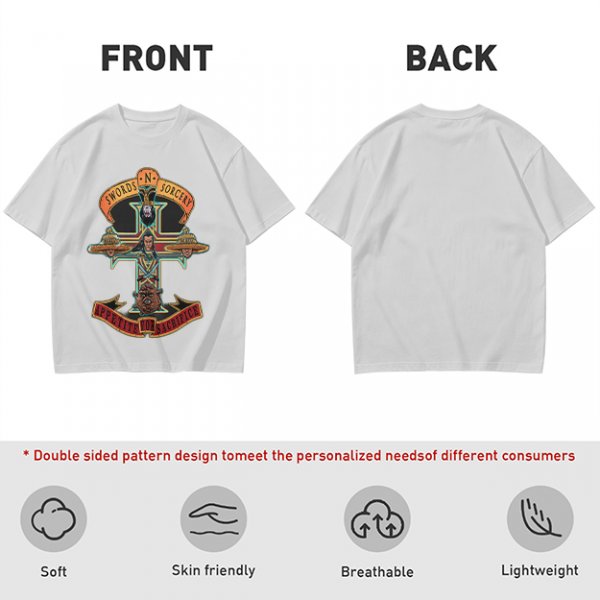 Olive graphic t-shirt with swords n sorcery appetite for sacrifice cross design