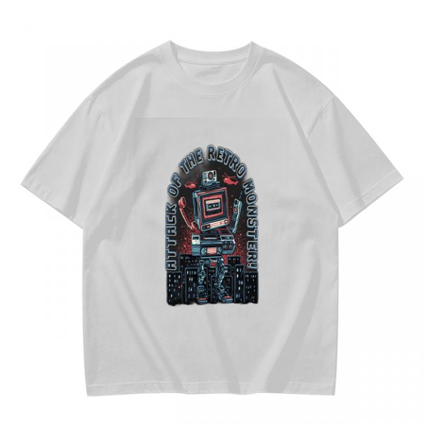 Olive green t-shirt with retro robot monster city attack graphic