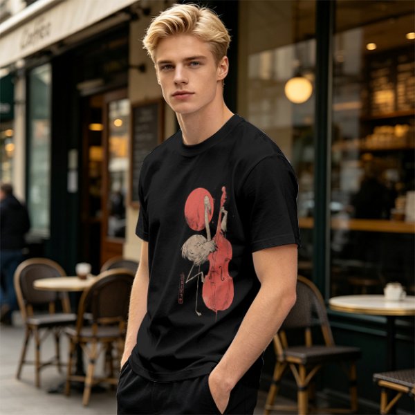 Olive T-Shirt With Crane Playing Cello Red Moon Art Print