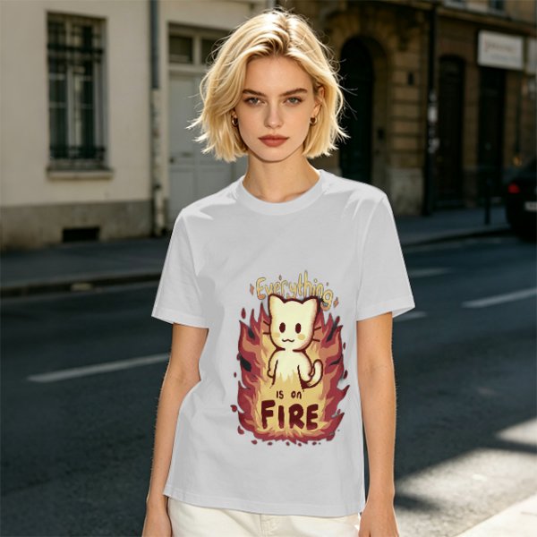 Olive Graphic T-Shirt With Everything Is On Fire Cat Design