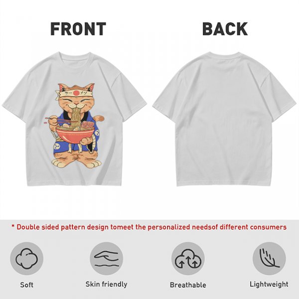 Olive T-Shirt Featuring a Cat in a Headband Eating Ramen