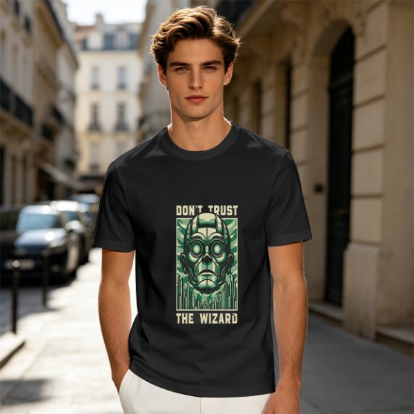 Olive green t-shirt with 'Don't Trust The Wizard' robot graphic print
