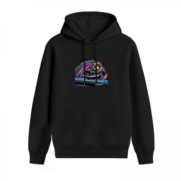 Black Hoodie With Cartoon Driver In Car Graphic Print