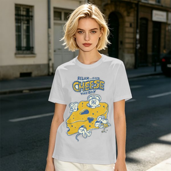 Olive graphic t-shirt with 'Relax and Cheese the Day' and mice on cheese