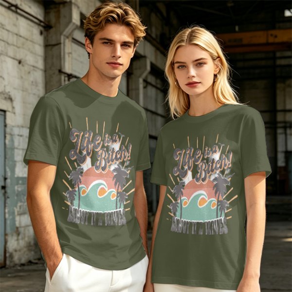 Olive graphic t-shirt with tropical sunset wave and palm tree print