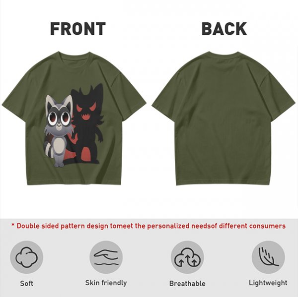 Olive T-Shirt With Cute Raccoon And Shadow Monster Graphic