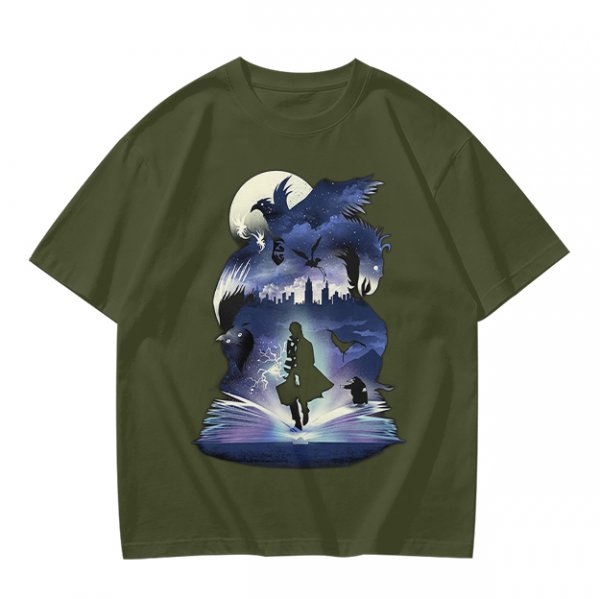 Olive T-Shirt With Magical Fantasy Creature Silhouette Art Print