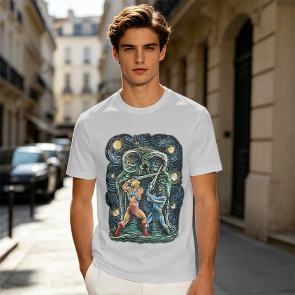 Olive T-shirt with Starry Night Style He-Man vs Skeletor Art