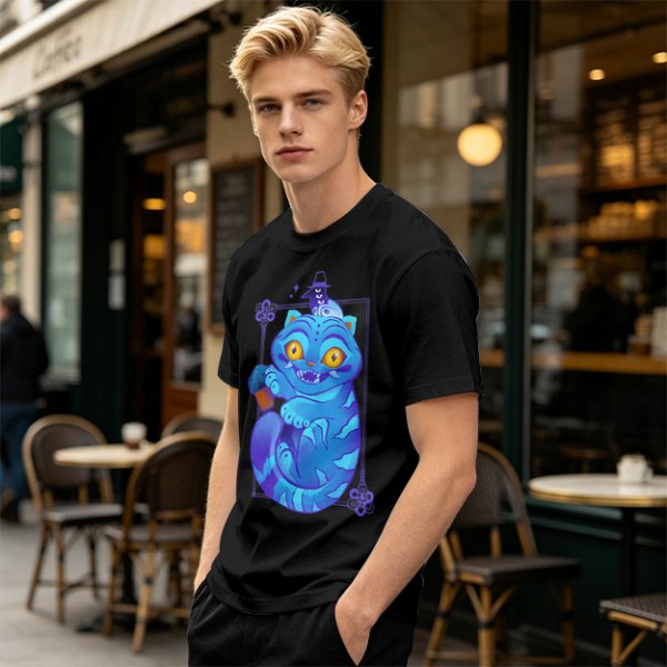 Olive T-Shirt With Cheshire Cat And Crow Graphic Print