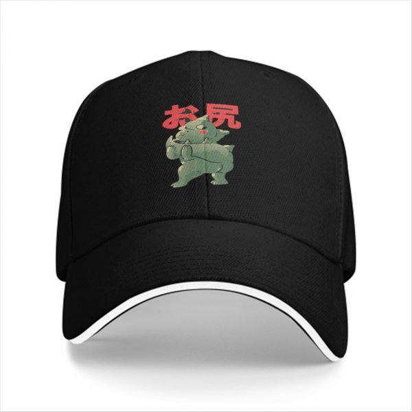 Black baseball cap with green monster graphic and red Japanese text