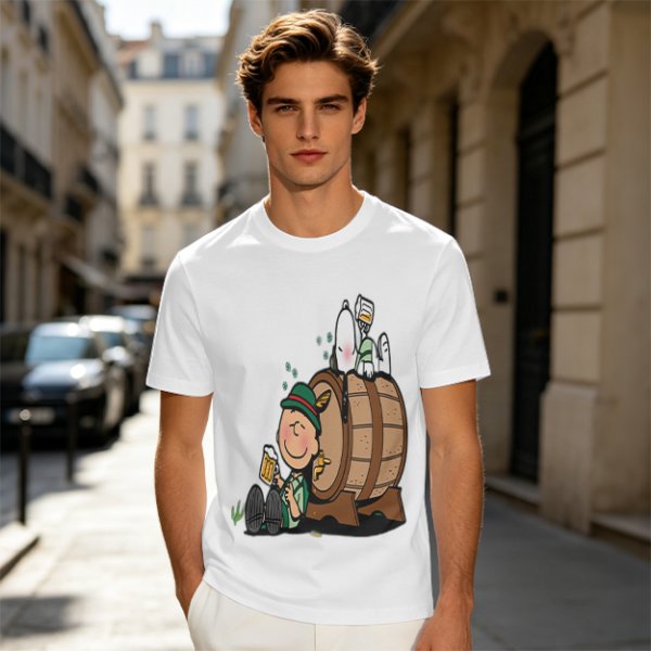 Olive T-Shirt with Charlie Brown and Snoopy at Oktoberfest Beer Barrel