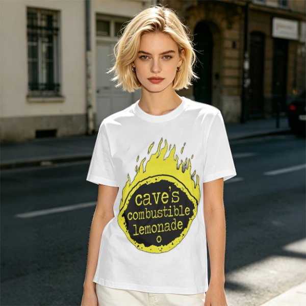 Olive t-shirt with cave's combustible lemonade flame graphic