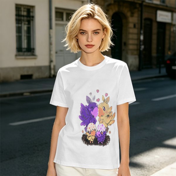 Olive T-Shirt With Cute Fantasy Bird Family Print