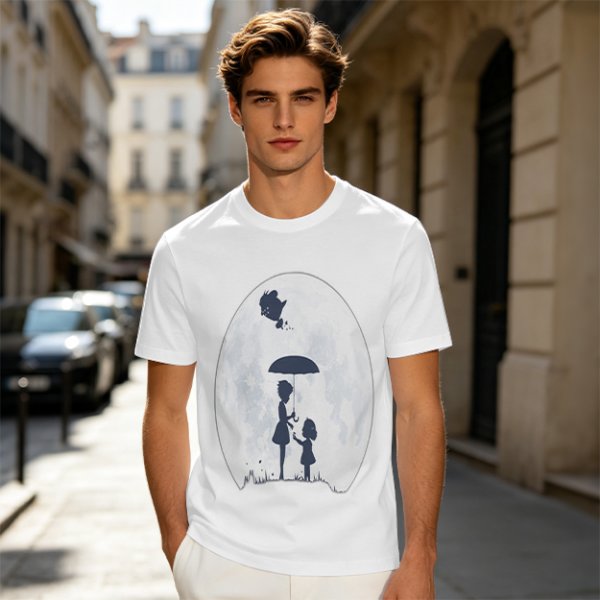 Olive T-Shirt With Moon Silhouette Of Two Children And Umbrella