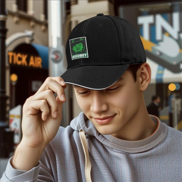 Black baseball cap with green 'DISOBEY' portrait graphic