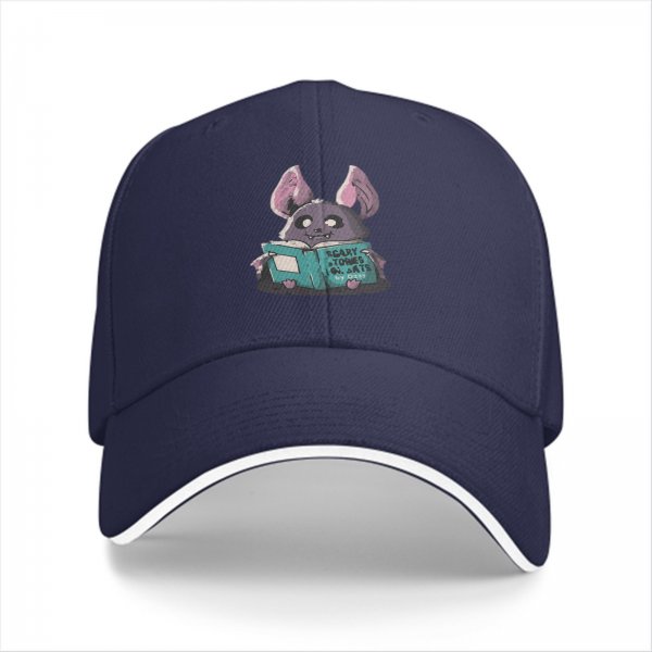 Black baseball cap with cute bat reading scary stories book print