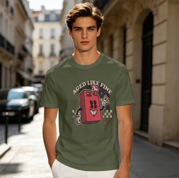 Olive T-Shirt with Retro Cartoon Gas Can 'Aged Like Fine' Print