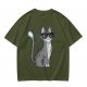 Olive T-Shirt With Cool Gray Cat Wearing Sunglasses Print