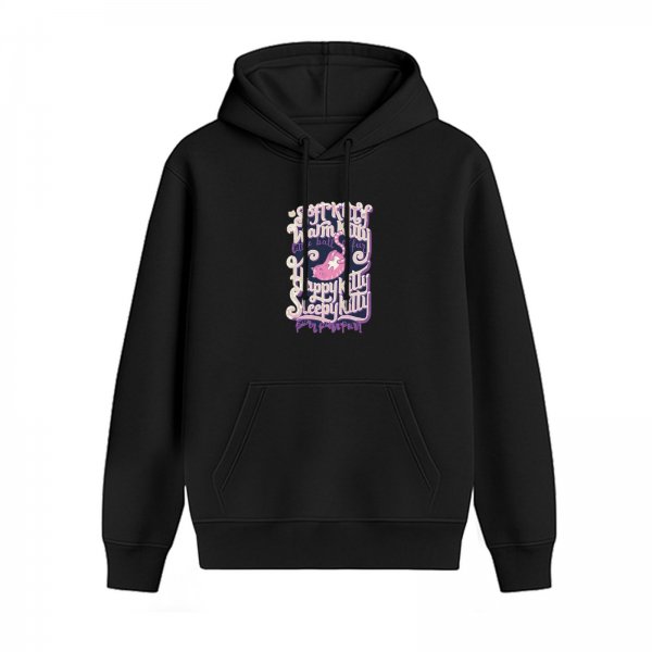 Black hoodie with playful cat graphic and text print