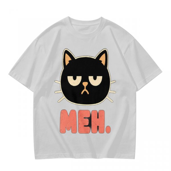 Olive T-Shirt With Grumpy Black Cat Meh Graphic Print