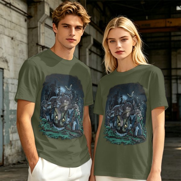 Olive Green T-Shirt With Night Graveyard Cat Illustration