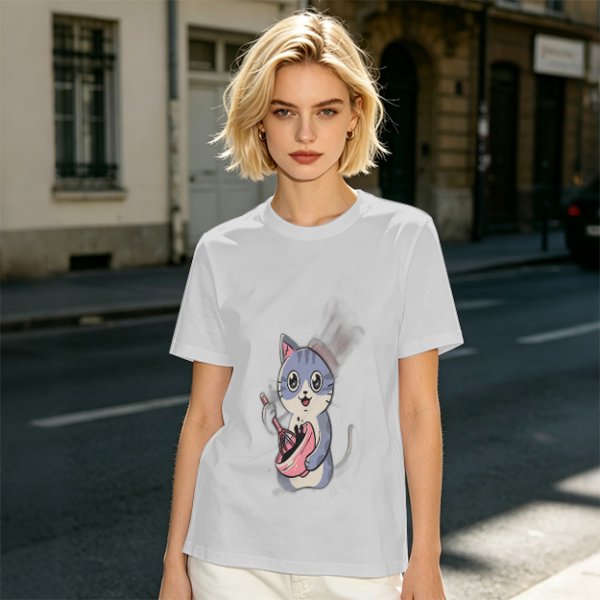 Olive Green T-Shirt With Cute Chef Cat Mixing Batter Print