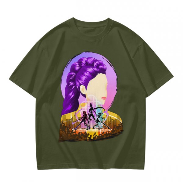 Olive T-Shirt With Purple Haired Woman And Concert Stage Print