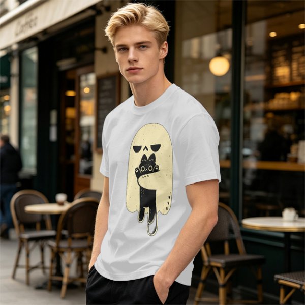 Olive T-Shirt With Ghost Holding Black Cat Graphic