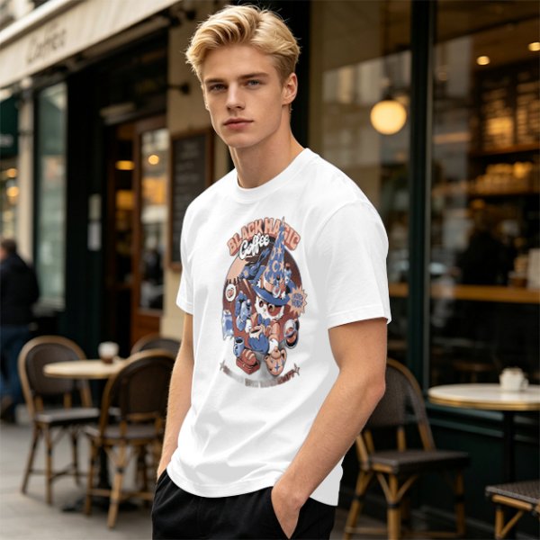Olive T-Shirt with Black Magic Coffee Wizard Cat Graphic